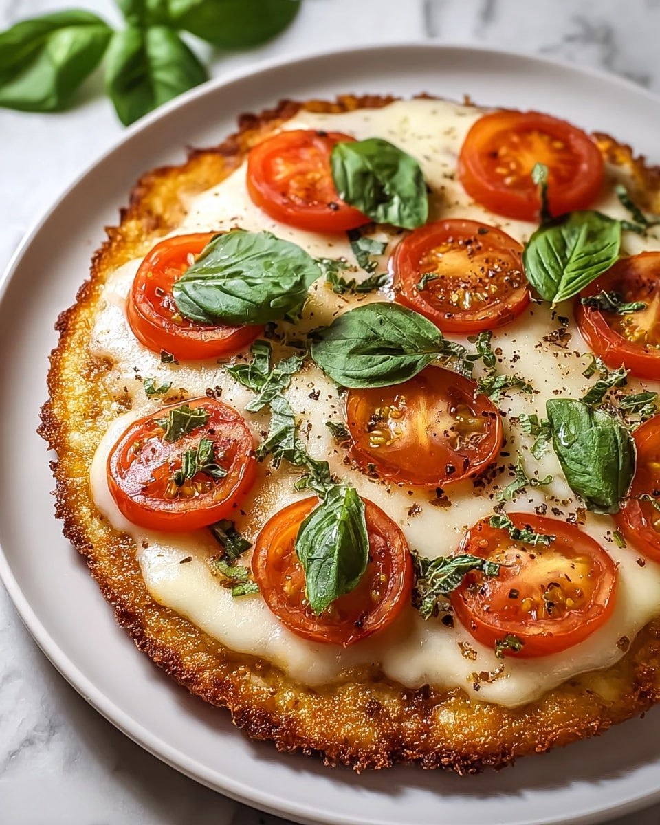 A round dish with three layers: the bottom layer is a golden, crispy textured crust with a rough surface; the middle layer is a smooth, melted white cheese spread evenly; the top layer has red tomato slices arranged evenly in a ring with fresh green basil leaves placed on each tomato slice and scattered small green herbs sprinkled between the tomatoes. The dish is on a white plate, and the background is a white marbled texture. Photo taken with an iphone --ar 4:5 --v 7