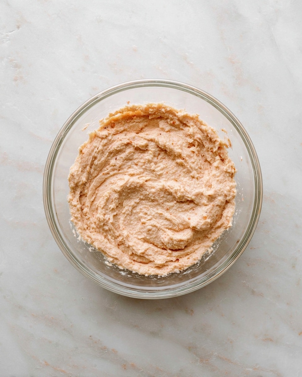 A clear glass bowl sitting on a white marbled surface holds one layer of a pale pinkish-beige mixture with a slightly grainy texture and small visible bits of seasoning spread evenly inside. The mixture looks soft and slightly moist, covering the entire bottom of the bowl with some gentle swirled patterns on top. photo taken with an iphone --ar 4:5 --v 7