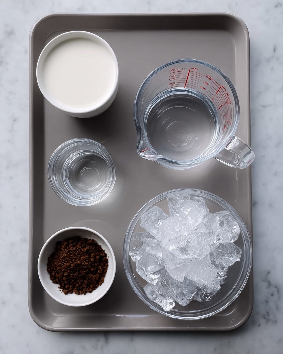 In this image, there is a gray tray on a white marbled surface holding five clear glass containers with different ingredients. In the upper left corner, there is a small bowl filled with white milk. Below it, another small bowl contains a clear liquid, possibly water. To the right of these, a medium-sized measuring cup filled with clear water has a handle and red measurement markings. At the bottom right, a larger bowl holds crushed ice with visible texture and frost. At the bottom left, a small white bowl contains brown coffee granules with a rough texture. The arrangement of the bowls and cups is neat and organized. Photo taken with an iphone --ar 4:5 --v 7