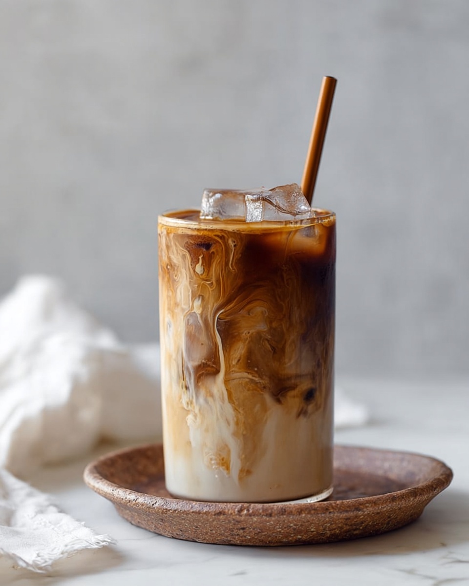 A clear glass filled with iced coffee shows three visible layers: the bottom layer is a light creamy color swirling upward into a medium brown coffee layer that forms the middle, and the top is a darker brown with melting ice cubes resting on the surface. A thin brown straw stands upright inside the glass. The glass sits on a small, textured brown plate, which is placed on a larger smooth white plate over a white marbled surface. The background is soft and light gray, with a blurred white cloth on the left side. photo taken with an iphone --ar 4:5 --v 7