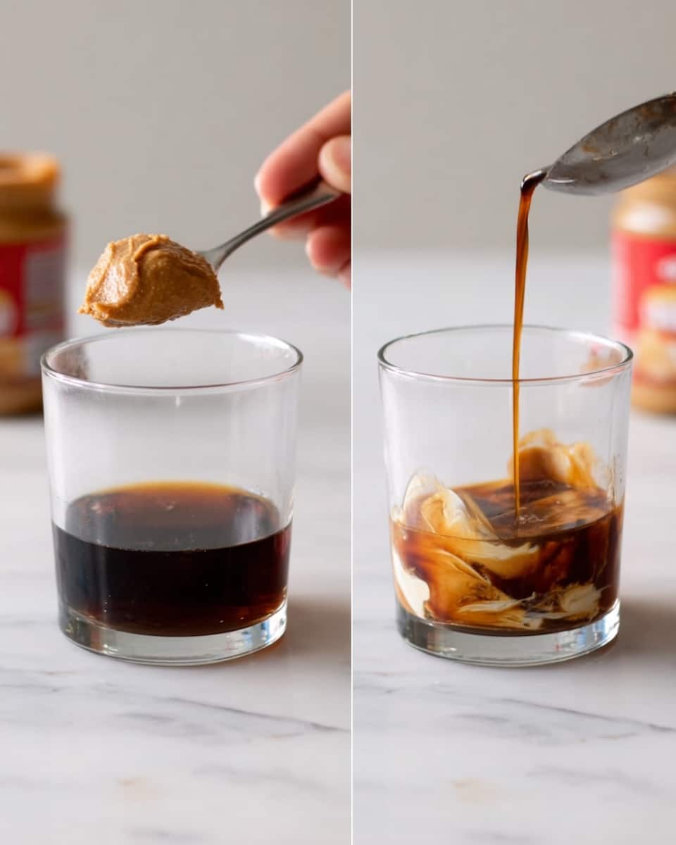 The image shows two steps of preparing a drink in a clear, short glass placed on a white marbled surface. In the left part, a woman's hand holds a spoon with a large scoop of smooth, light brown peanut butter above the empty glass, with a peanut butter jar slightly blurred in the background. In the right part, a thick, dark brown liquid is being poured from above into the glass, where the peanut butter is melting and mixing at the bottom, creating swirls of light brown and dark brown liquid together. The glass is centered and the background is soft and blurry. photo taken with an iphone --ar 4:5 --v 7