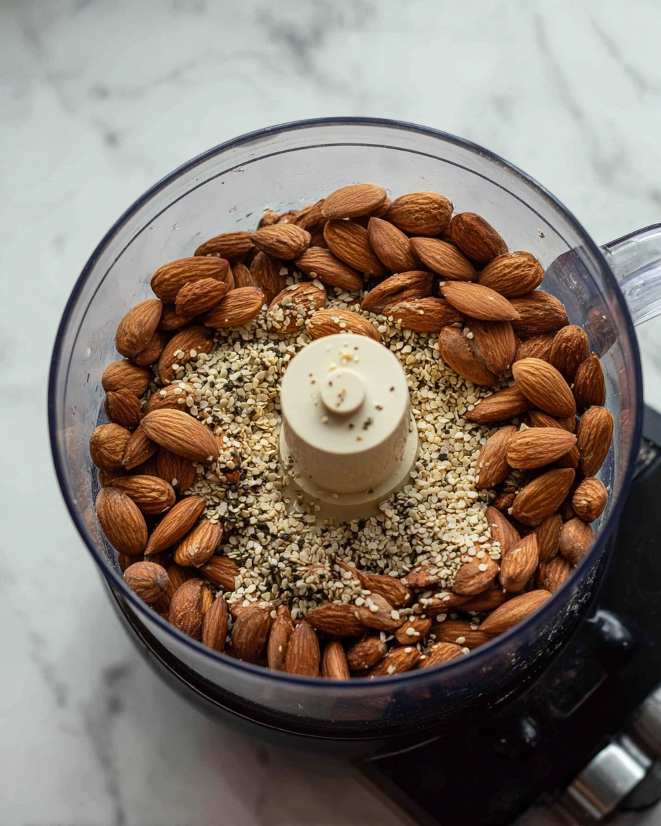A clear food processor bowl filled with a layer of whole brown almonds and sprinkled with small light-colored seeds. The almonds are arranged around a central white and cream-colored blade piece inside the bowl. The machine base is black, and it sits on a white marbled surface. The scene is lit with soft natural light, showing the shells' textured, smooth, and dry appearance. photo taken with an iphone --ar 4:5 --v 7