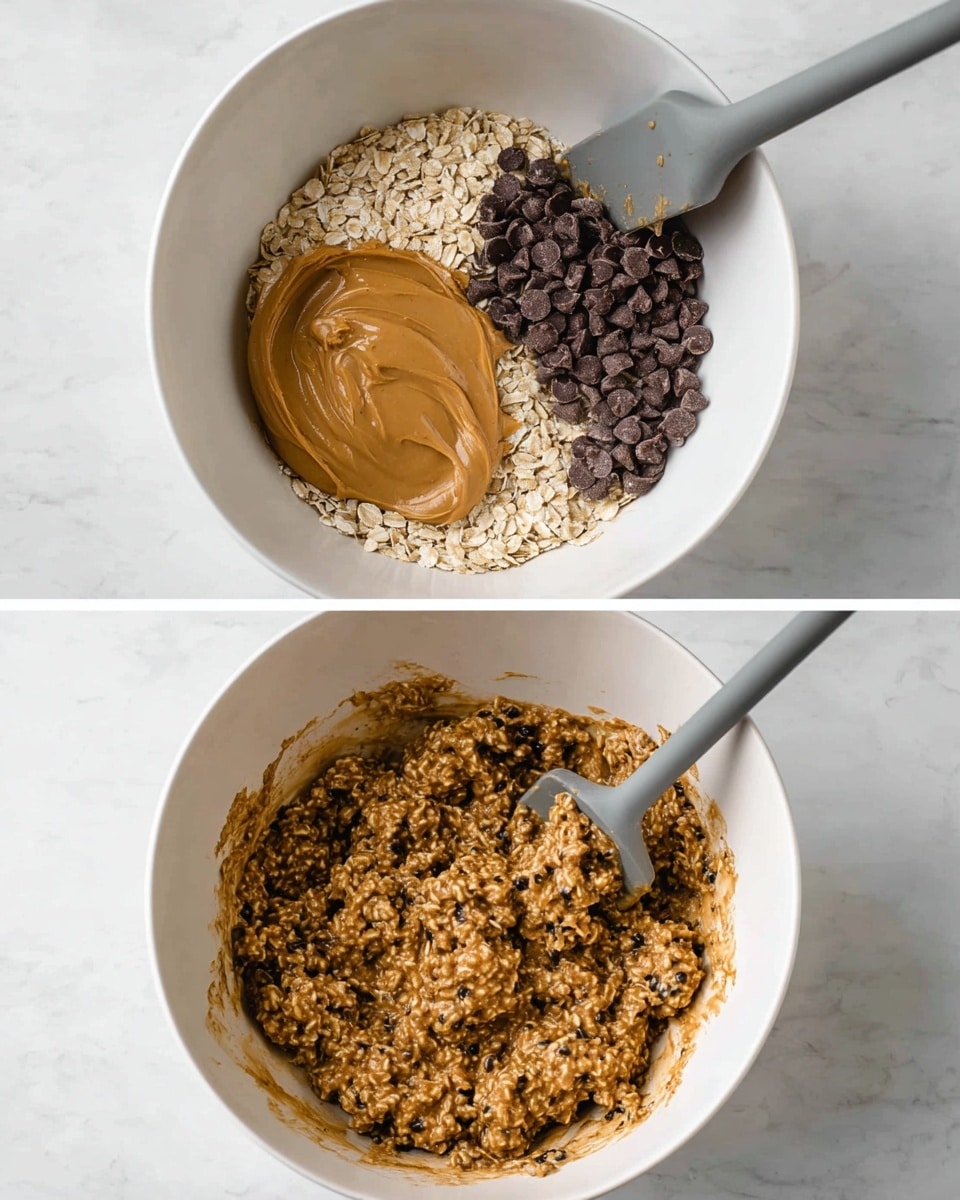 There are two images stacked vertically, both showing a white bowl on a white marbled surface. In the top image, the bowl holds three separate layers: smooth peanut butter with a brown color on the upper right, light beige rolled oats on the left and lower edge, and a pile of small dark brown chocolate chips in the center. A gray spatula rests inside the bowl on the right side. In the bottom image, all ingredients are mixed together into a thick, sticky, textured mixture of oats, peanut butter, and chocolate, showing a uniform brown color with scattered dark chocolate spots. The gray spatula remains inside the bowl, coated with the mixture. Photo taken with an iphone --ar 4:5 --v 7