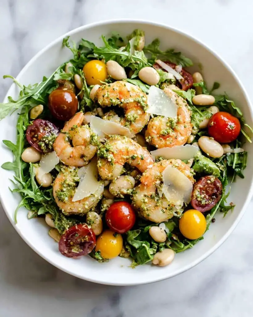 Shrimp, Parmesan, and White Bean Salad with Cherry Tomatoes and Arugula Recipe