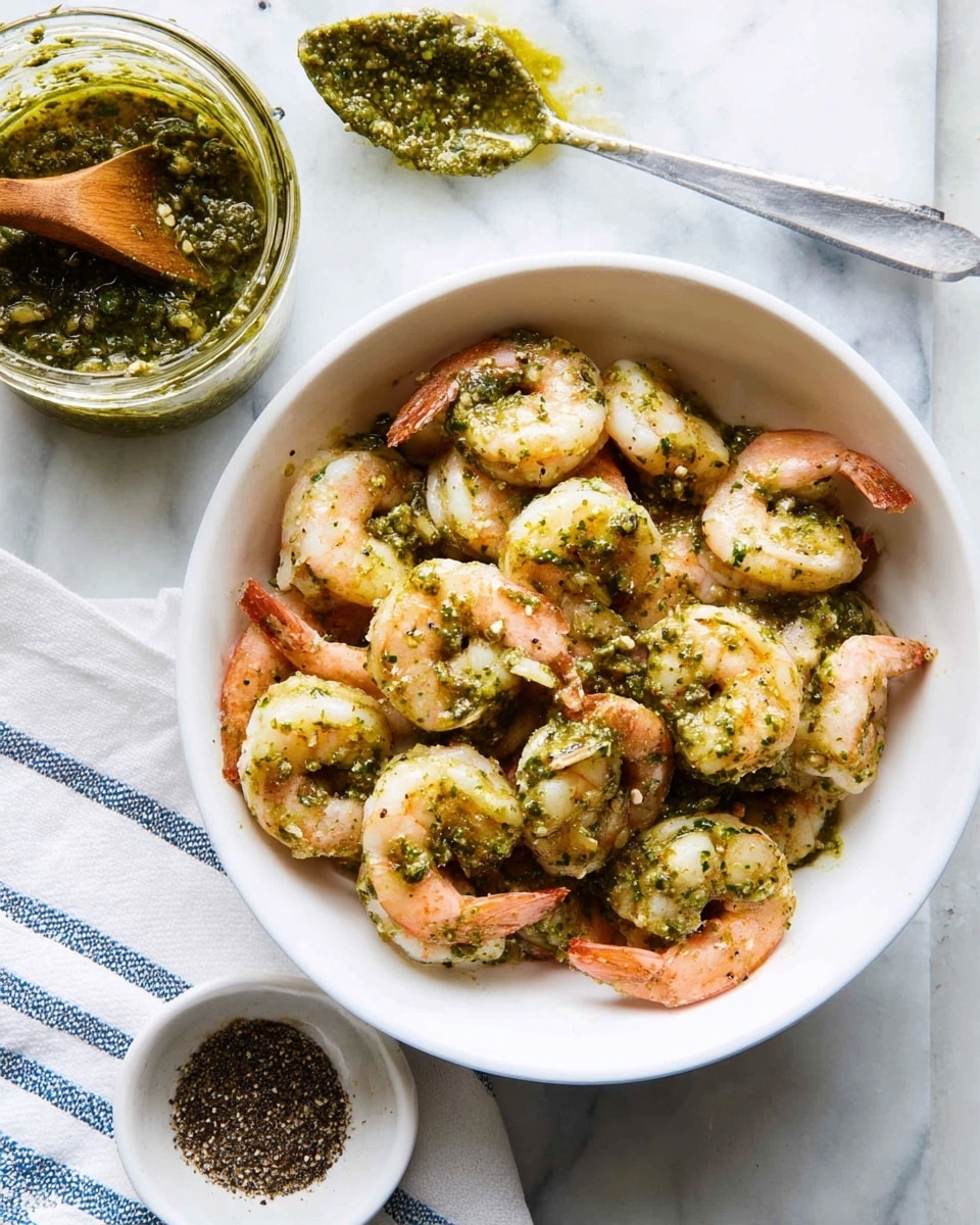 A white bowl filled with cooked shrimp that are pink and white, coated with a green pesto sauce with visible small bits of herbs and garlic, spread unevenly over the shrimp. The bowl sits on a white marbled surface. Above the bowl, there is a spoon with more green pesto and an open jar of pesto showing the same green sauce inside. Below and to the right of the bowl, there is a small white bowl with dark seasoning and a wooden spoon resting in it. A white cloth with blue stripes lies to the left of the main bowl. Photo taken with an iphone --ar 4:5 --v 7