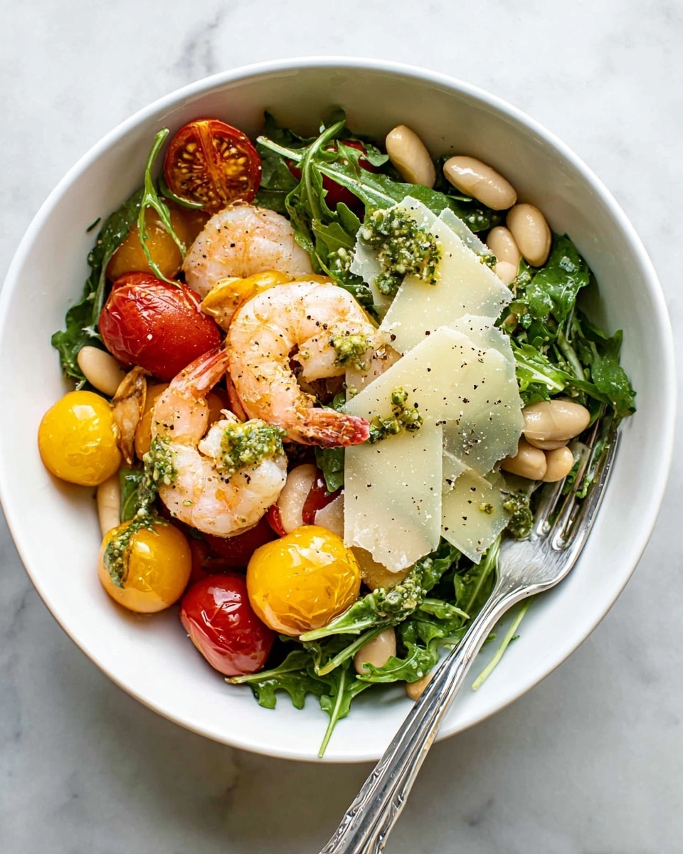 A white bowl holds a fresh salad with several layers visible: at the bottom is a bed of dark green arugula leaves, scattered with light beige white beans and whole almonds. Resting on the greens are bright red and yellow cherry tomatoes, some whole and some sliced. Two pink shrimp with green herb sauce are placed on top, adding texture and color. Thin, pale ivory slices of hard cheese are spread across the salad, speckled with black pepper. A silver fork is partially inside the bowl, and the bowl is set on a white marbled surface. photo taken with an iphone --ar 4:5 --v 7