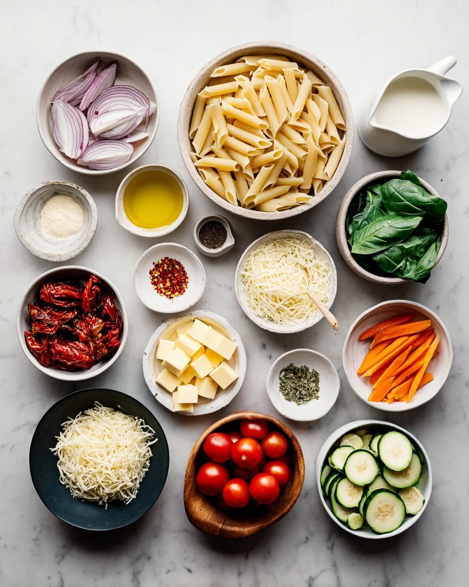 The image shows an overhead view of various ingredients arranged neatly on a white marbled surface. There are 14 bowls and small dishes with different items: the largest bowl in the center holds uncooked penne pasta in a light beige color; to the left, there’s a bowl with thinly sliced red onion; nearby, a small white bowl contains a fine white powder; a glass jug holds white milk, and a white cup contains golden olive oil. Above the pasta, a wooden bowl is filled with a mound of shredded white cheese, next to a small plate with red pepper flakes. Moving right, a white bowl has medium-sized chunks of light yellow butter, and a tiny dish beside it has dried green herbs. Next, a white bowl is filled with pale yellow sliced squash, above which is a pale pink bowl containing dark red sun-dried tomatoes. To the top right, a black bowl contains fresh bright green basil leaves, beside a white bowl of thin orange carrot sticks. At the bottom right, a white bowl has roughly chopped green zucchini, and next to it is a white bowl with halved red cherry tomatoes showing their juicy insides. In the middle foreground, a small dark gray bowl is filled with white coarse salt, and a wooden bowl next to it holds black pepper. The overall colors are natural and fresh, showing a mix of textures from smooth liquids to shredded cheese and rough vegetables. Photo taken with an iphone --ar 4:5 --v 7