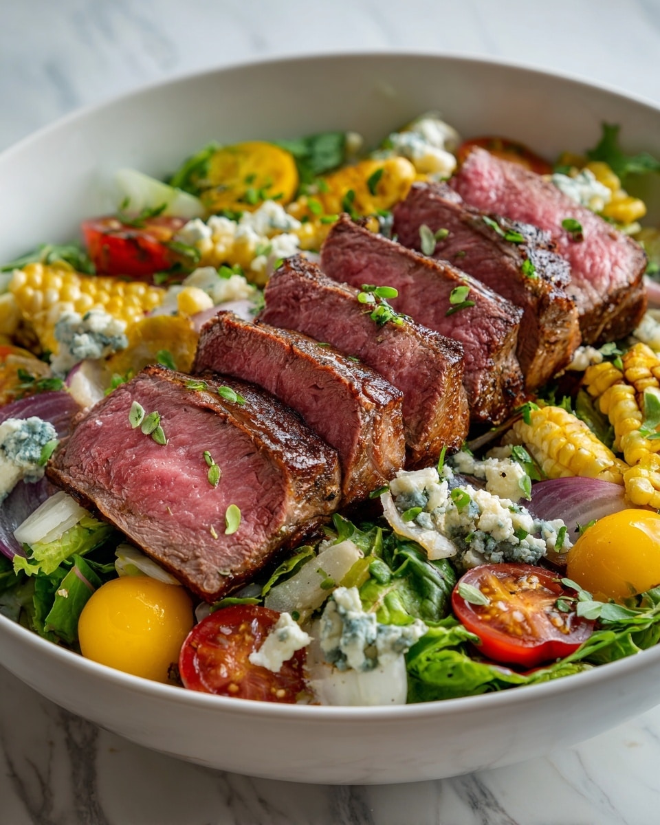 A white plate on a white marbled surface holds a colorful salad with several layers. The bottom layer is made up of mixed green leaves with dark purple and bright green colors. Scattered on top are bright yellow and red cherry tomato halves and small pieces of grilled yellow corn. There are chunks of white and blue marbled cheese spread evenly across the salad. The top layer consists of sliced medium-rare steak arranged neatly in the center, showing a pink inside and a grilled brown outside, sprinkled with chopped green herbs. To the right of the plate, there is a set of copper-colored fork and knife. A grey and white cloth is draped in the background. Photo taken with an iphone --ar 4:5 --v 7