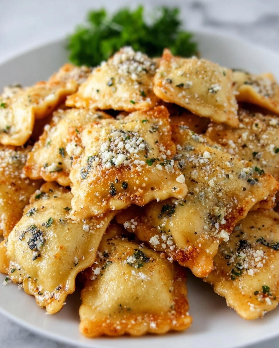 A close-up view of a white plate filled with many small, square-shaped ravioli pasta pieces. Each ravioli is golden brown with a slightly crispy texture and is covered with a crumbly white cheese and green herb bits sprinkled evenly on top. The pasta squares are stacked unevenly on the plate, showing some edges are crispier and browned more than others. A small bunch of green herbs is blurred softly in the background on the white marbled surface. photo taken with an iphone --ar 4:5 --v 7