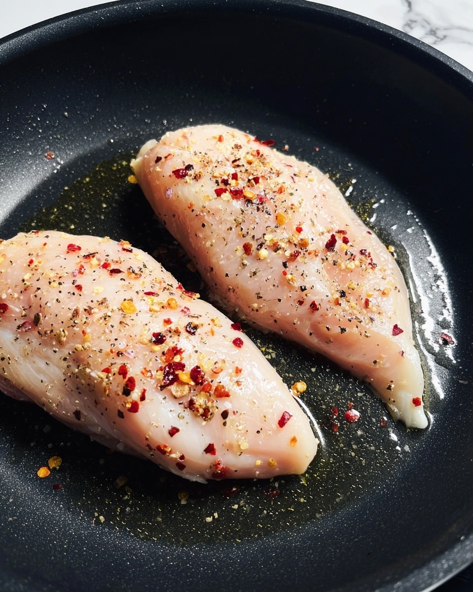 Two raw chicken fillets lie in a black pan with a thin layer of oil. Each fillet is seasoned with coarse salt, black pepper, and red chili flakes, showing a mix of white, pale pink, black, and red colors on the smooth chicken surface. The chicken pieces have a slightly shiny texture from the oil, and the pan's dark color contrasts with the light chicken. The background is a white marbled texture. photo taken with an iphone --ar 4:5 --v 7