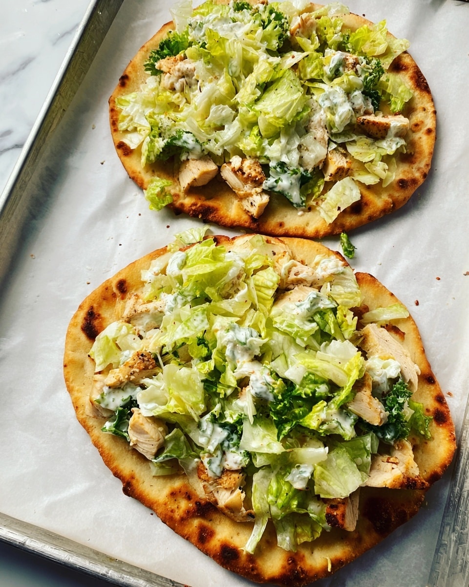 Two flatbreads rest on white parchment paper on a baking tray, each with three visible layers. The bottom layer is a golden-brown flatbread crust with slightly crispy edges. On top of the crust, there is a layer of light golden cooked pieces, likely chicken. The top layer is a mix of chopped green and pale yellow lettuce leaves, coated with a creamy white dressing. The lettuce looks fresh and crisp, covering the meat and crust evenly. The background shows a white marbled surface near the tray. photo taken with an iphone --ar 4:5 --v 7