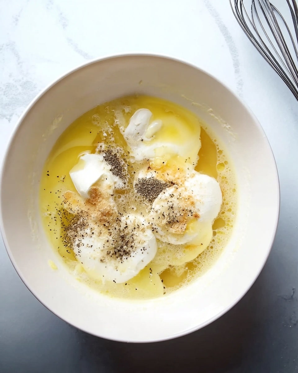 A white bowl filled with a mixture of pale yellow melted butter covering the bottom and sides, topped with dollops of thick white sour cream and small piles of black pepper and a sprinkle of light brown spice on top. The bowl sits on a white marbled surface, with a metal whisk partly visible on the right side. Photo taken with an iphone --ar 4:5 --v 7