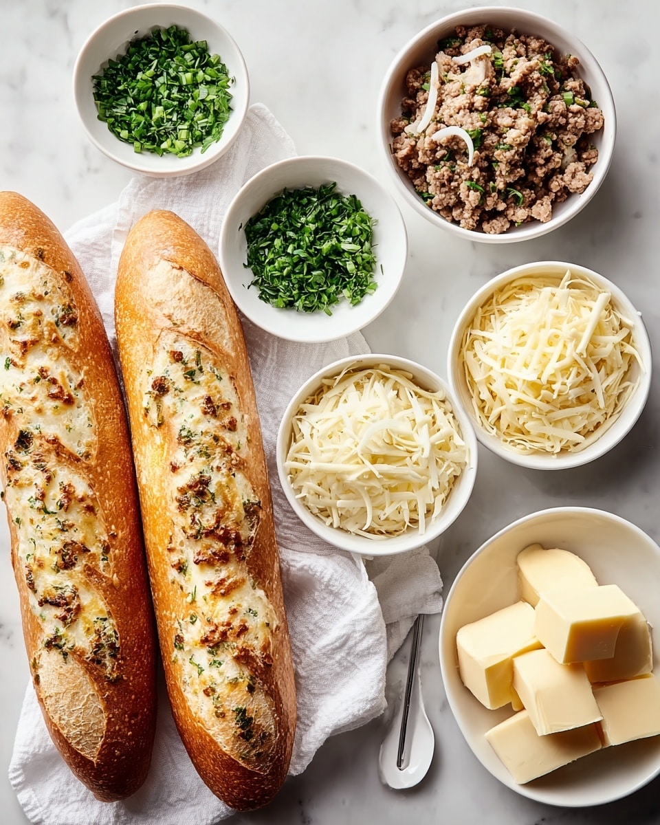 Two golden brown baguettes with a crispy crust are placed on a white cloth on a white marbled surface. Surrounding the bread are five white bowls: one with chopped green herbs, one with cooked ground meat mixed with herbs and thin white slices, two bowls each filled with shredded white cheese, and one bowl with several cubes of pale yellow butter. A small white spoon is lying on the marbled surface near the bowls. photo taken with an iphone --ar 4:5 --v 7