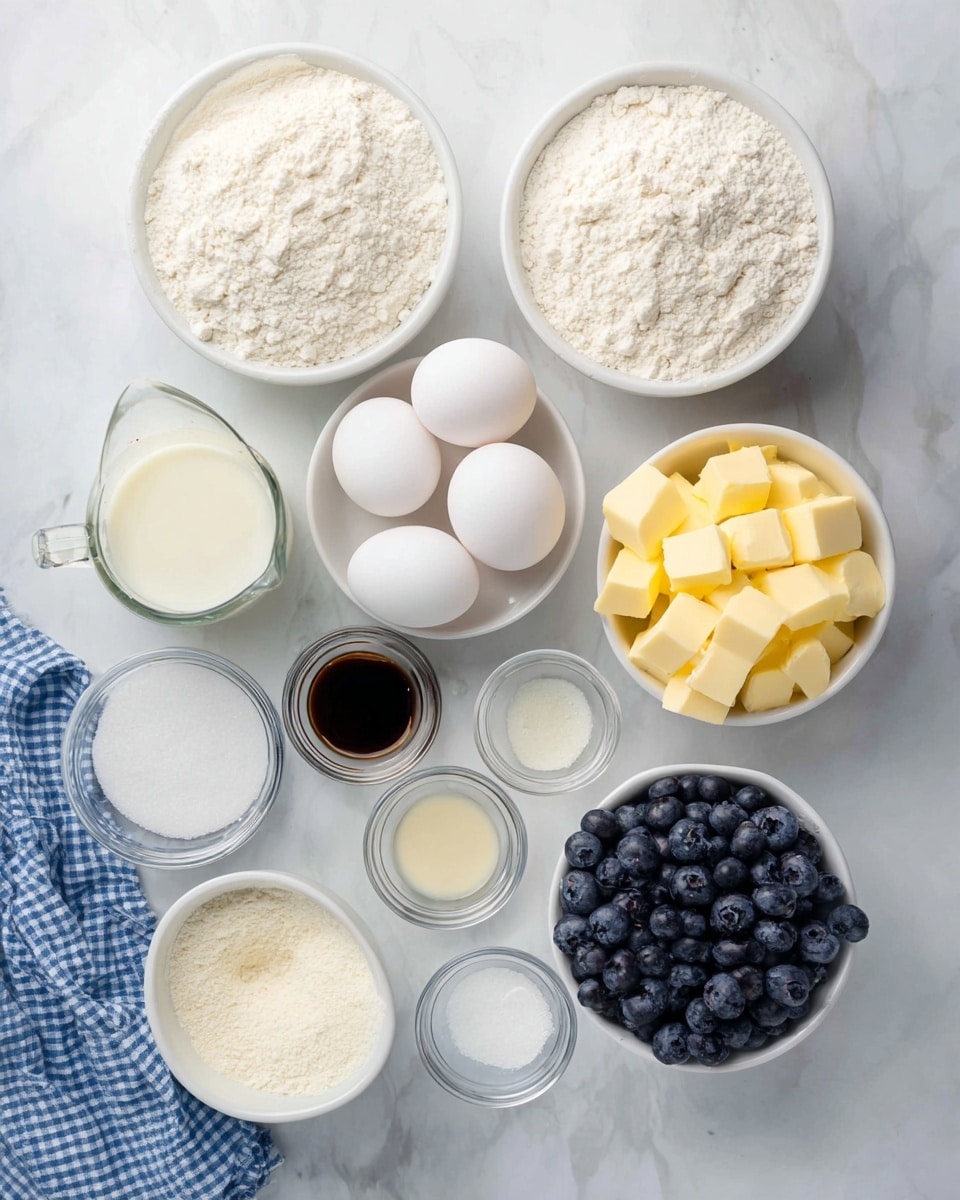 A top view of baking ingredients arranged neatly on a white marbled surface. There are two white bowls at the top filled with flour, side by side. Below them, in the center, are four white eggs placed closely together. To the left, there’s a clear glass measuring cup filled with milk and below it a white bowl with small cubes of yellow butter. To the right of the eggs is a large white bowl filled with granulated sugar. Below the sugar bowl are three small clear bowls containing salt, vanilla extract, and baking powder. At the bottom center is a white bowl full of dark blue blueberries. In the bottom left corner, a blue and white checkered cloth is partially visible. photo taken with an iphone --ar 4:5 --v 7