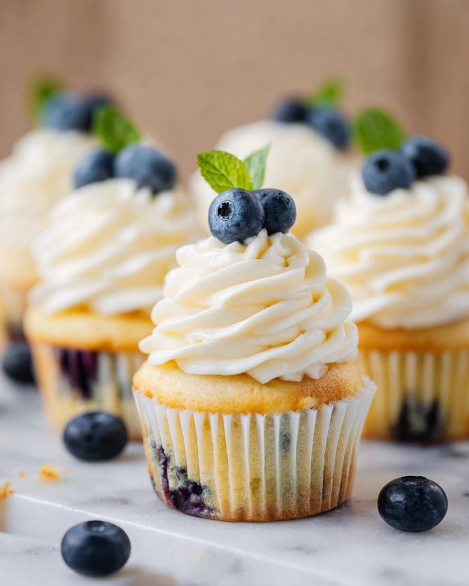 A group of yellow cupcakes with visible blueberries baked inside the base, each topped with a thick swirl of creamy white frosting. On top of the frosting sits two fresh blueberries and a small green mint leaf. The cupcakes are wrapped in white paper liners and placed closely together on a white marbled surface with some loose blueberries around. The background is soft and blurred, highlighting the cupcakes in front. photo taken with an iphone --ar 4:5 --v 7