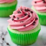 Watermelon Cupcakes with Watermelon-Flavor Frosting and Chocolate Chip Toppings Recipe