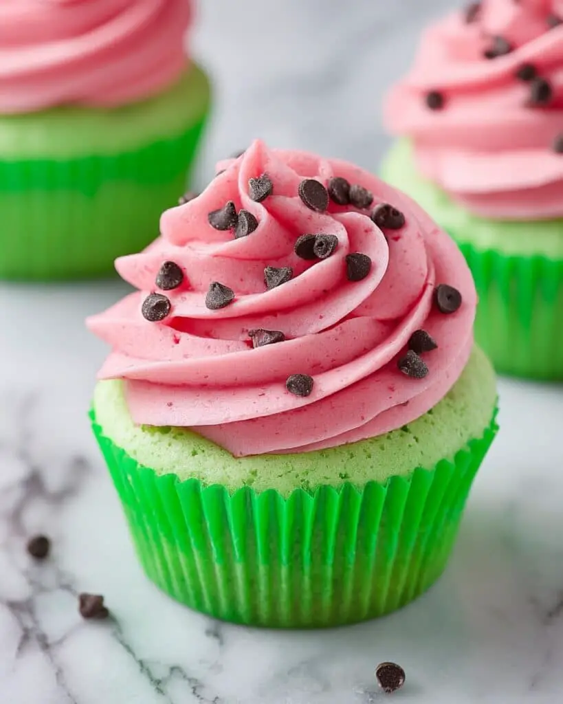 Watermelon Cupcakes with Watermelon-Flavor Frosting and Chocolate Chip Toppings Recipe