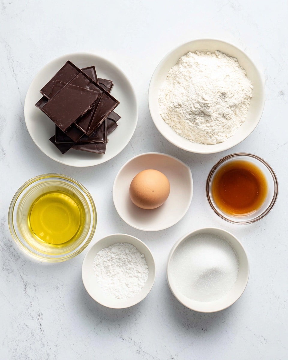 The image shows seven small white dishes on a white marbled surface with cooking ingredients. The top left dish holds dark brown chocolate squares stacked on each other. Next to it on the right is a bowl filled with white flour. To the right of the flour bowl is a small white bowl with a single light brown egg resting inside. Below the egg and flour bowls is a small white dish containing a white powder, likely baking powder. To the left of this dish is a small white bowl filled with light golden liquid oil. Below the oil dish is a white bowl filled with white sugar. To the right of the sugar bowl is a small white bowl with amber-colored vanilla extract. The arrangement is neat and evenly spaced. Photo taken with an iphone --ar 4:5 --v 7