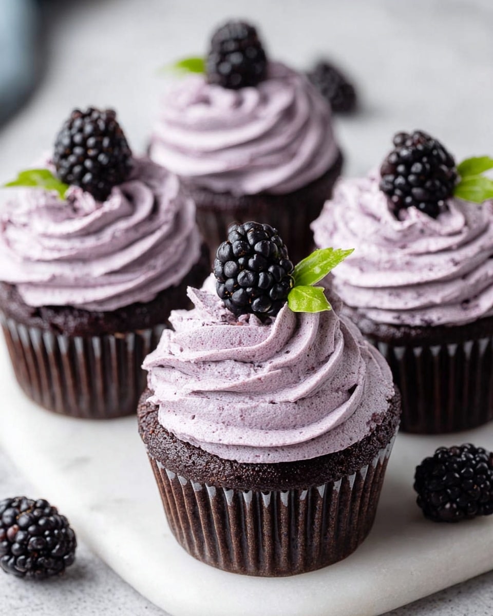 Four dark brown chocolate cupcakes with thick swirls of light purple frosting on top are arranged on a white marbled surface. Each cupcake has one fresh shiny blackberry and a small green leaf placed on the frosting. The frosting is creamy with small blackberry bits visible inside. There are two extra blackberries resting on the white marbled surface near the cupcakes. The overall look is rich and inviting, with fine texture details on the frosting and cake. photo taken with an iphone --ar 4:5 --v 7