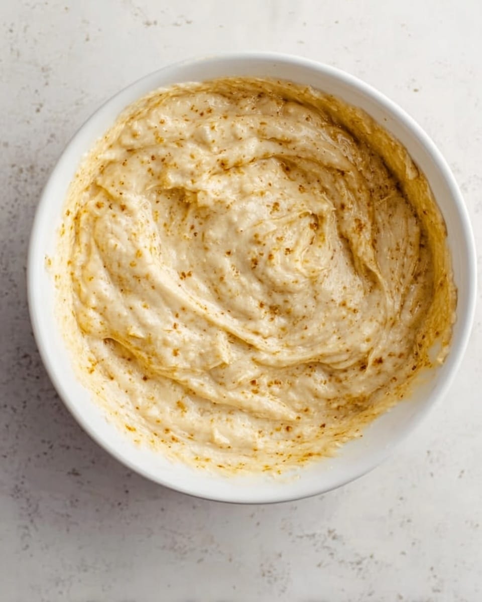 A white bowl filled with a thick, creamy mixture that is light beige with some darker yellow and brownish specks throughout, showing a slightly lumpy texture spread unevenly inside, with swirls and streaks from stirring visible on the surface and along the sides. The bowl is set on a white marbled surface. photo taken with an iphone --ar 4:5 --v 7