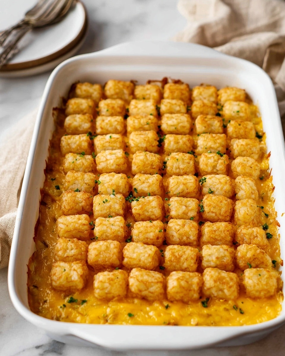 A white rectangular baking dish filled with a layered casserole topped with a neat grid of golden brown, crispy tater tots arranged side by side in five rows and eight columns. Below the tater tots, the casserole has a smooth, creamy cheese layer with a rich yellow-orange color that peeks through the edges. Small green herb flakes are lightly sprinkled across the top, adding contrast to the warm shades of the crispy tater tots and cheese. The dish sits on a white marbled surface, with a beige towel and silver forks visible in the blurred background. photo taken with an iphone --ar 4:5 --v 7
