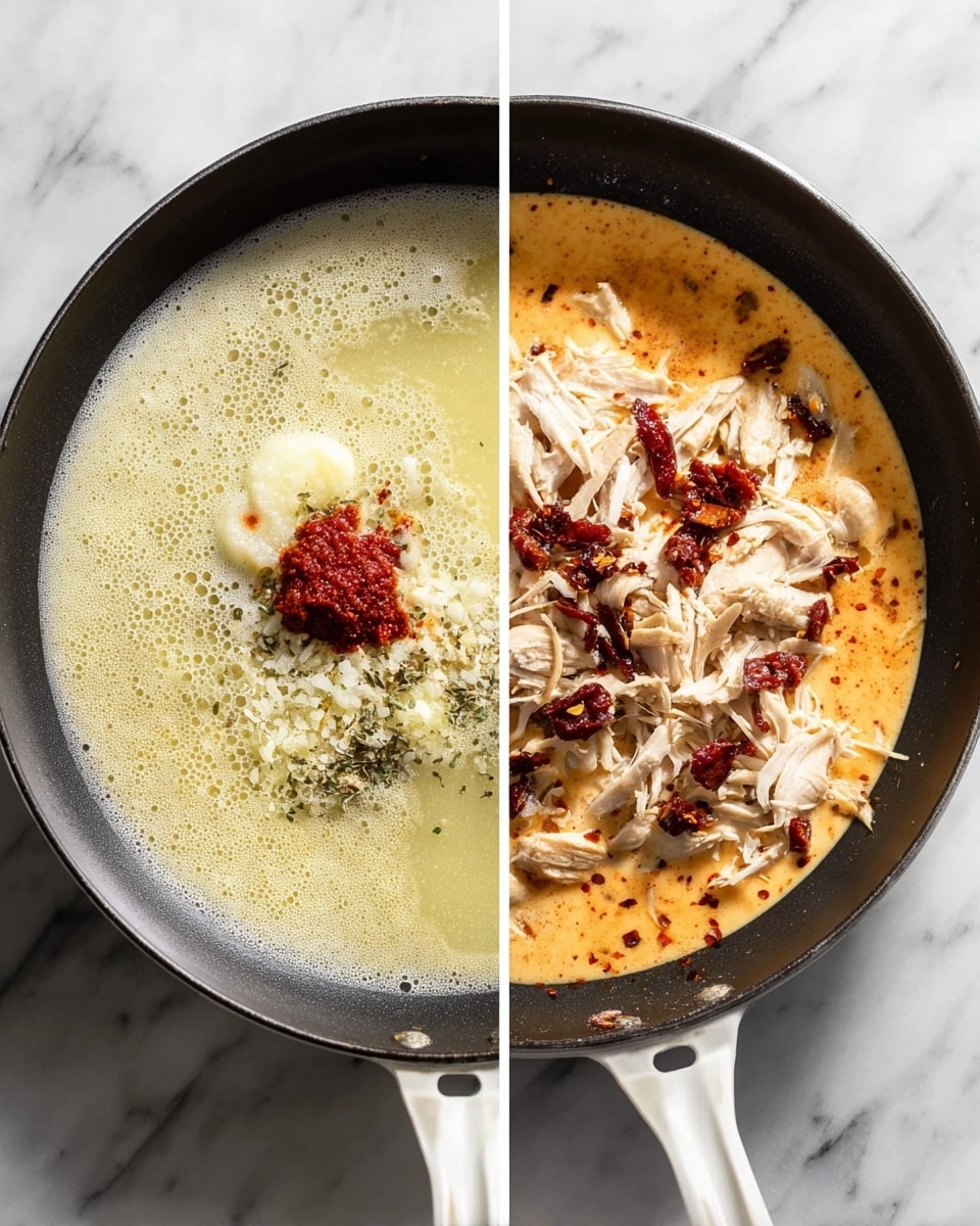 The image shows two side-by-side views of a black skillet with a white handle on a white marbled surface. The left side has a frothy light yellow melted butter base with a small pile of minced garlic and a dollop of red tomato paste placed close together in the center. The right side shows a creamy orange sauce base in the skillet, topped with shredded white chicken and scattered dark red sun-dried tomato pieces, with a sprinkle of red chili flakes on top. Photo taken with an iphone --ar 4:5 --v 7