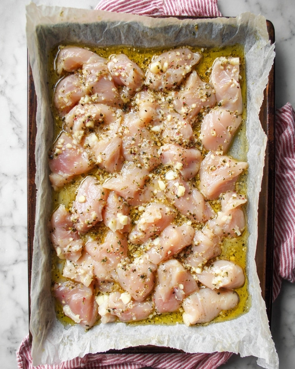 A rectangular baking tray lined with parchment paper shows several pieces of raw, light pink chicken spread out evenly across the tray. The chicken pieces are coated in a shiny layer of olive oil with visible specks of herbs and minced garlic scattered on top. The parchment paper edges are slightly crumpled, and the tray is placed on a white marbled textured surface with a red and white striped cloth partially visible underneath. photo taken with an iphone --ar 4:5 --v 7