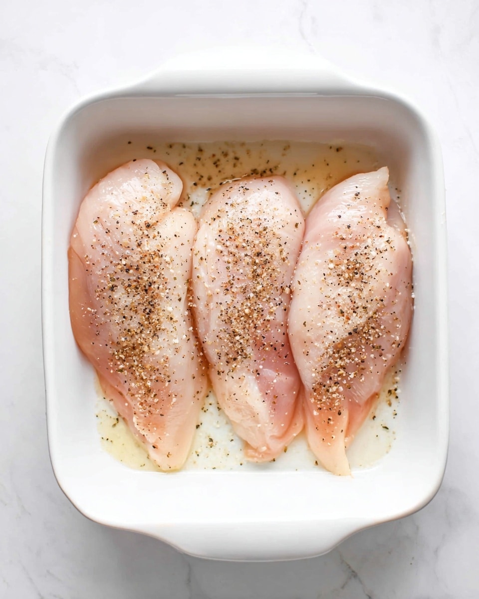 The image shows a white rectangular baking dish with three pieces of raw chicken placed flat inside it. Each piece is light pink in color with a smooth texture and sprinkled evenly with coarse white salt, black pepper, and light brown seasoning. The dish sits on a white marbled surface, and the photo is taken from above, showing the three chicken pieces in a neat row. photo taken with an iphone --ar 4:5 --v 7