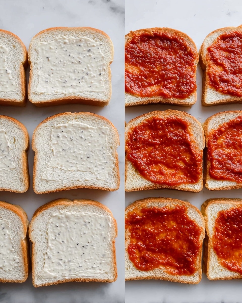 The image shows two sets of plain white bread slices laid out on a white marbled surface. On the left side, each slice of bread has a smooth, creamy spread with visible tiny dark specks, covering the bread evenly. On the right side, the bread slices are covered with a rich, red tomato sauce that has a slightly textured surface, spread thickly and irregularly on each slice. Each set contains multiple slices lined up in rows, showing the contrast between the white creamy spread and the vibrant red tomato sauce. Photo taken with an iphone --ar 4:5 --v 7