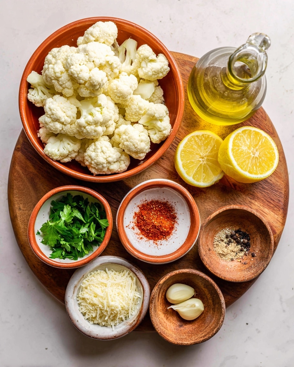 A round wooden board placed on a white marbled surface holds six small bowls and one bottle arranged neatly. The largest bowl is terracotta colored and filled with white cauliflower florets. Next to it is a clear glass bottle filled with golden olive oil. To the right, a small brown wooden bowl contains two bright yellow lemon halves with visible juicy texture. Below it, another small brown wooden bowl holds fresh green parsley leaves. Near the front left edge, a small white bowl with a terracotta rim is filled with off-white grated cheese. Next to it, a small white bowl with a terracotta rim contains a mix of red paprika powder, black ground pepper, and coarse white salt. Finally, a small rustic brown bowl on the top right holds minced garlic pieces. The arrangement is clean and colorful, with natural textures and fresh ingredients visible, photo taken with an iphone --ar 4:5 --v 7