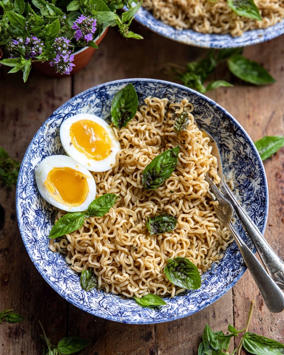 A white bowl with blue patterns holds a serving of cooked instant noodles that are light brown with a slightly shiny texture. On top of the noodles, there are two halves of a boiled egg with bright yellow yolks and white edges, placed near the center. Fresh green basil leaves are scattered around the eggs and noodles, adding vibrant color. A silver fork and spoon rest on the right side of the bowl, partly lifting some noodles. The bowl is set on a wooden surface with some loose basil leaves and a small potted plant with green leaves and purple flowers nearby. photo taken with an iphone --ar 4:5 --v 7
