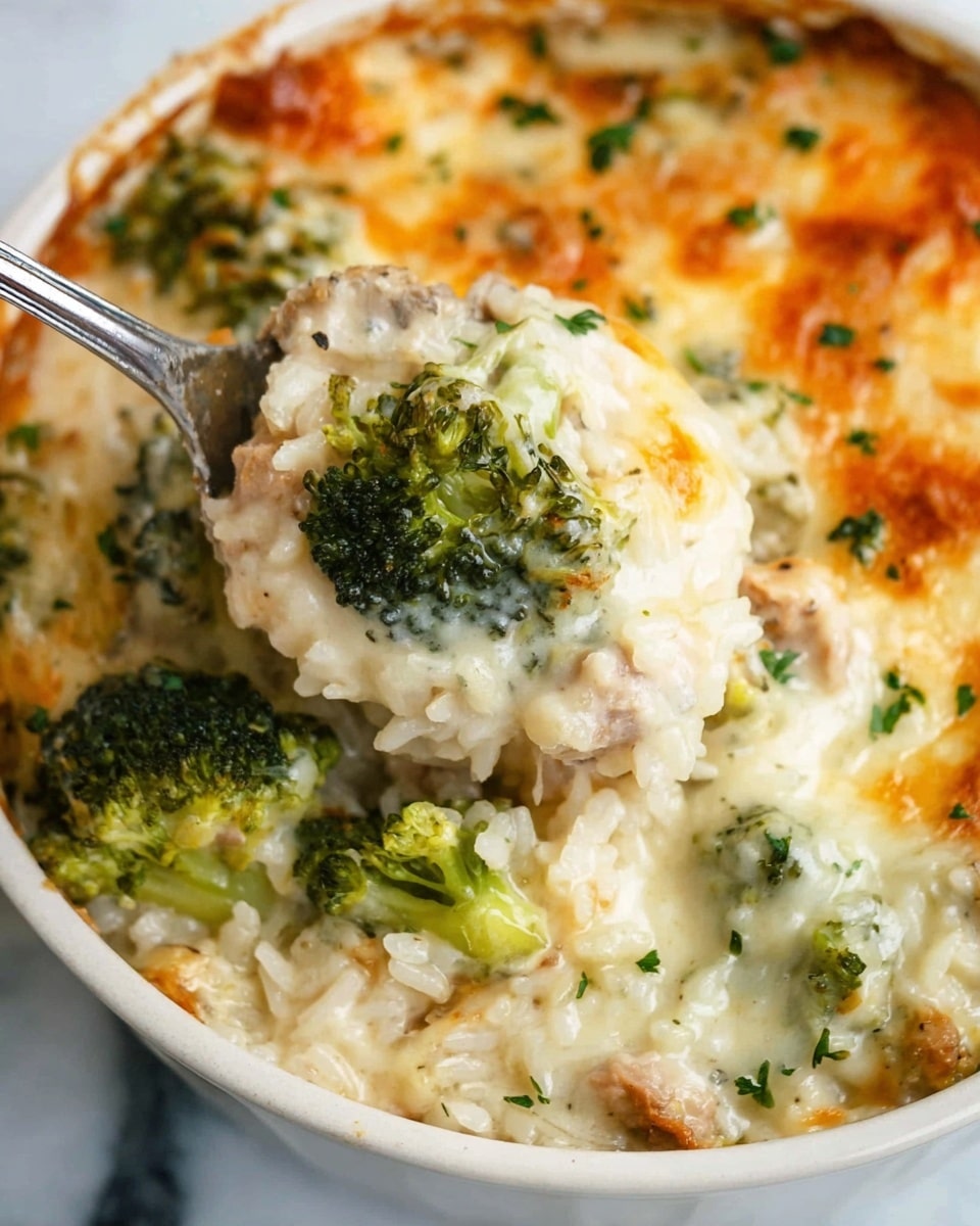 This close-up image shows a creamy baked dish with visible layers. At the bottom, there is white rice mixed with small pieces of cooked meat. On top of the rice are bright green broccoli florets, partially covered by a thick layer of melted cheese that is golden in some spots. Fresh small green herbs are sprinkled on the cheese layer. A silver spoon is scooping a portion from the dish, lifting some cheese, broccoli, rice, and meat. The dish is in a white bowl, placed on a white marbled surface. Photo taken with an iphone --ar 4:5 --v 7