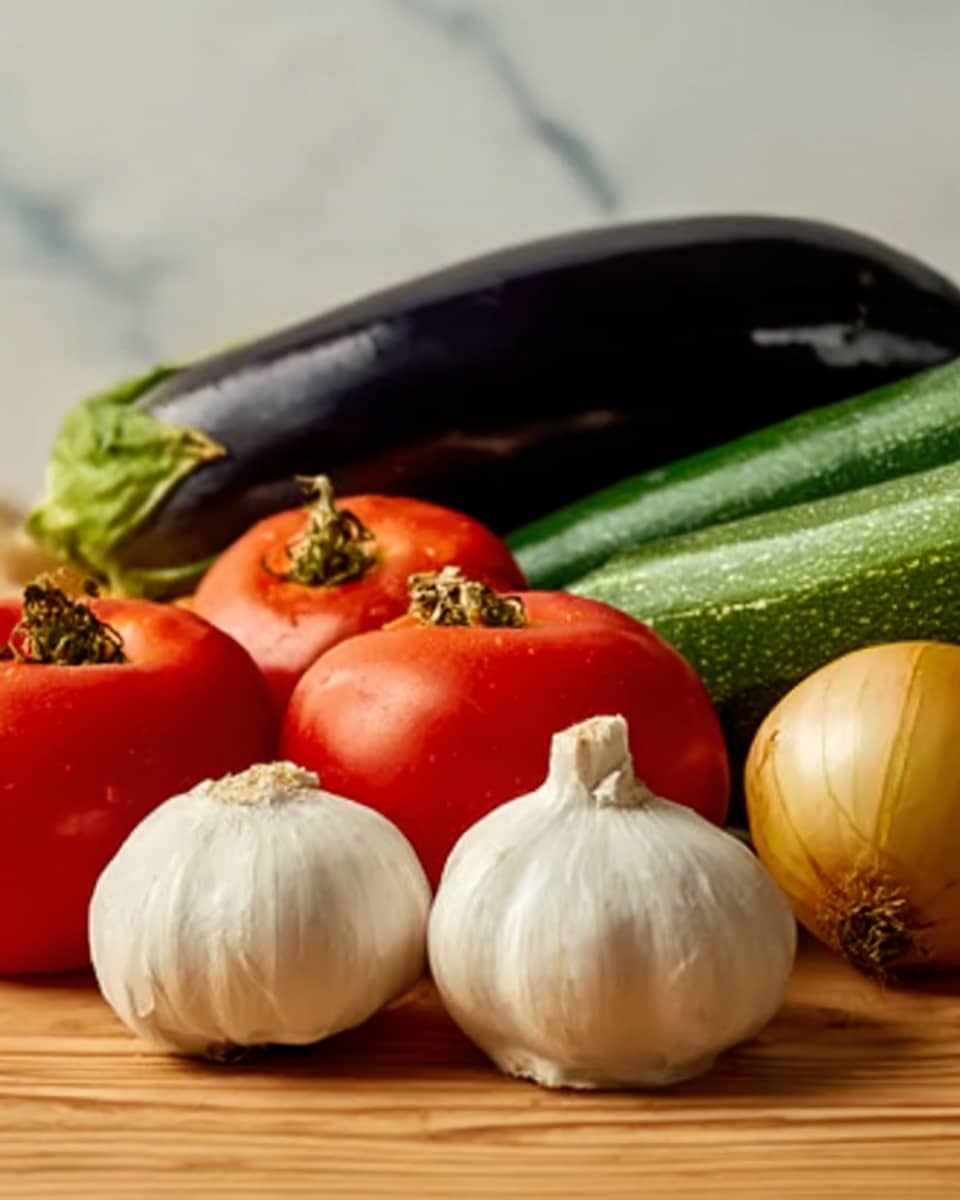 The image shows a group of fresh vegetables placed on a wooden surface with a white marbled background. In the front row, there are two white garlic bulbs with smooth, round shapes, positioned close together. Behind the garlic, two red tomatoes with shiny skins and green stems sit side by side. To the right, a yellowish onion with papery outer skin is visible. Behind the tomatoes and onion, a dark purple eggplant with a green stem lays on its side, partially overlapping two long, green zucchinis that are placed diagonally. The colors range from glossy white to bright red, deep purple, and vibrant green, creating a rich and fresh look. Photo taken with an iphone --ar 4:5 --v 7