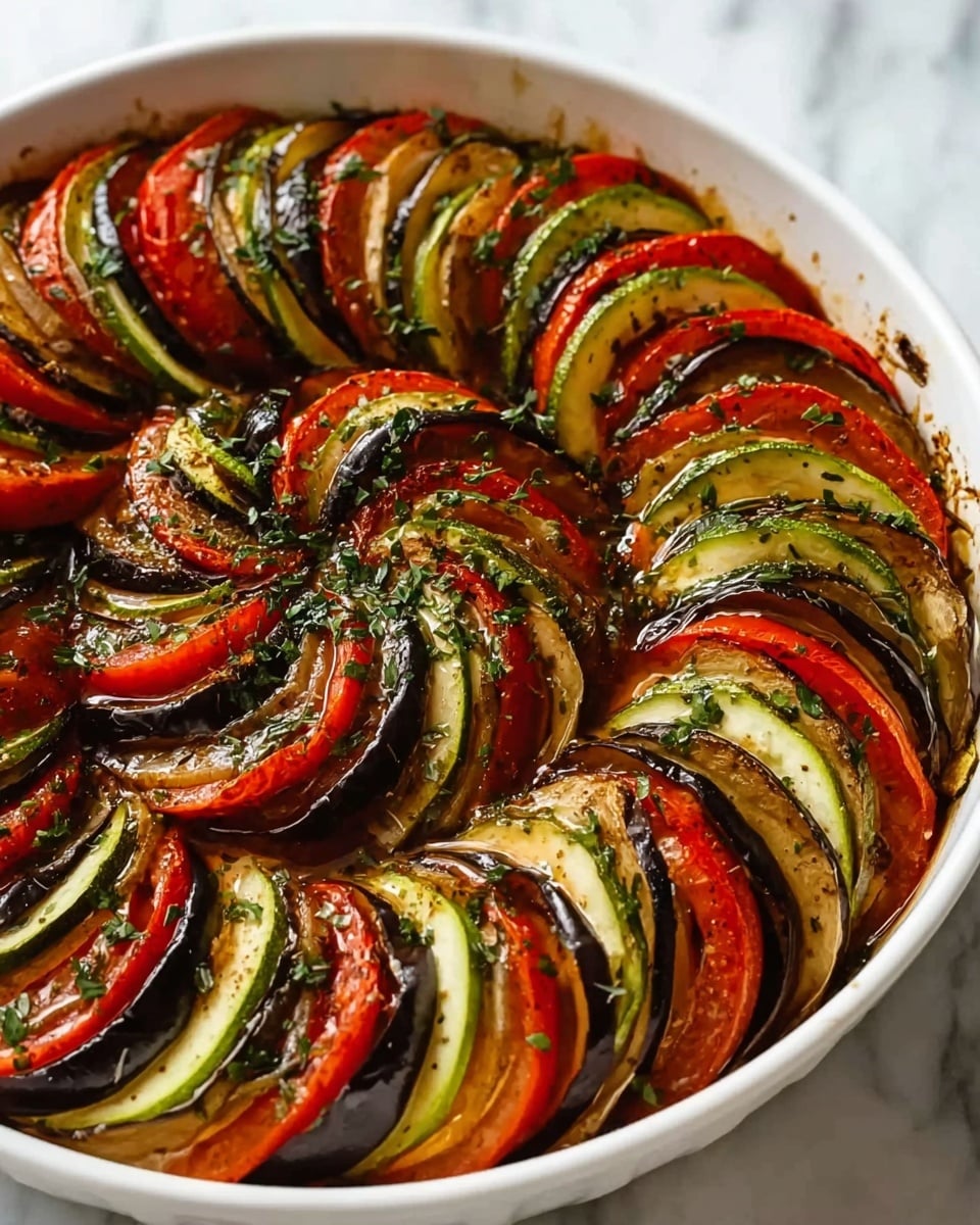 A white round dish is filled with many thin slices of vegetables arranged in a spiral pattern. The layers include green zucchini, red tomatoes, and dark purple eggplants, all placed standing up and overlapping slightly. Each slice shows a smooth texture with a slight shine from cooking. The vegetables are seasoned with small green herbs sprinkled on top. The dish sits on a white marbled surface. photo taken with an iphone --ar 4:5 --v 7