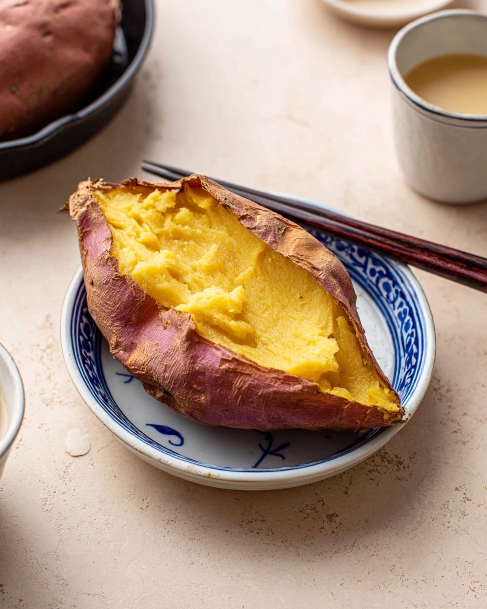 A baked sweet potato is split open and placed in a small white dish with blue patterns, showing its bright yellow, soft, and fluffy texture inside. The skin is reddish-purple and rough, curling slightly along the edges. To the right side of the dish, a pair of dark brown chopsticks rest on the edge. In the background, a light beige surface is visible along with partial views of a black skillet holding another sweet potato on the left and a white cup with a light-colored sauce on the right. The overall setting is simple and focused on the warm, inviting look of the sweet potato. photo taken with an iphone --ar 4:5 --v 7
