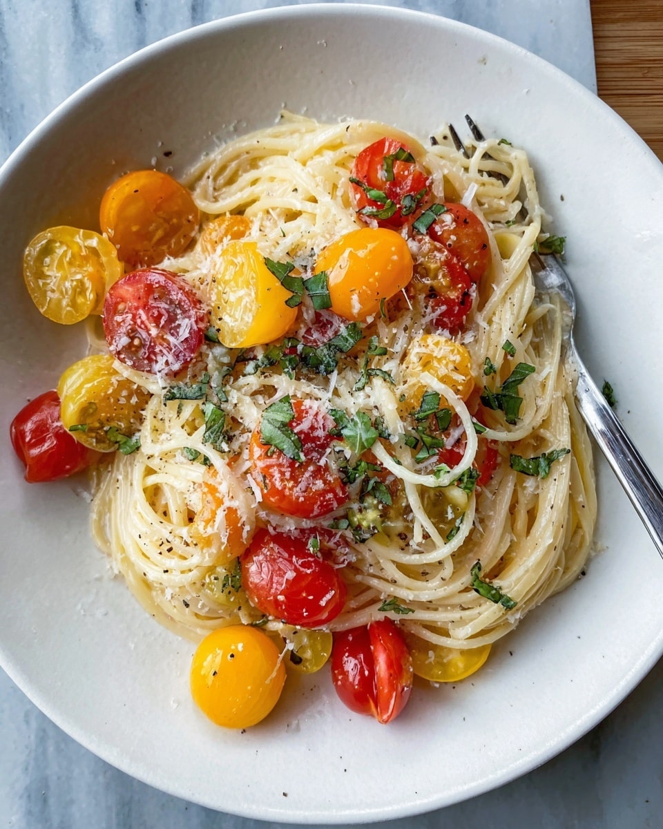 A white round plate holds a nest of pale yellow spaghetti layered loosely in the center. Scattered on top and around the pasta are halved red and yellow grape tomatoes, some slightly cooked with a shiny, soft texture. Finely shredded white cheese is sprinkled over the dish, adding a touch of fluffiness on top of the pasta. Small pieces of green basil leaves are spread evenly over the tomatoes and cheese, providing a fresh contrast. A silver fork is partially twirled into the pasta on the right side. The plate sits on a white marbled surface. photo taken with an iphone --ar 4:5 --v 7