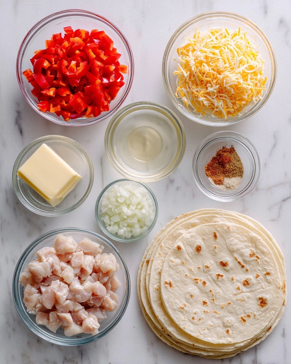 A white marbled surface holds seven glass bowls filled with ingredients for a dish. Starting from the top left, the first bowl has bright red chopped bell peppers, the middle bowl contains a clear, pale liquid, and the bowl on the top right is full of shredded yellow and white cheese. Below them, a small glass bowl on the left shows a square of light yellow butter, beside it is a larger bowl with small, pale pink pieces of raw chicken. Next to the chicken, another bowl holds finely chopped white onions, and beside it, a smaller bowl is filled with a brown powdered spice. In the bottom right corner, there is a neat stack of five soft, round white tortillas with light brown spots. Photo taken with an iphone --ar 4:5 --v 7