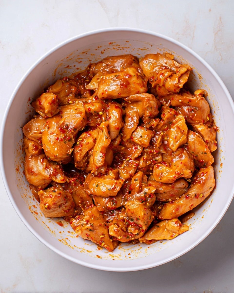 A white bowl holds many pieces of raw chicken marinated in a reddish-orange sauce. The sauce is thick and coating each chicken piece well, with visible specks of herbs and small bits of red chili. The chicken pieces vary in size and shape, with a shiny, slightly wet texture. The bowl sits on a white marbled surface, and the chicken pieces fill the bowl to the top edges. photo taken with an iphone --ar 4:5 --v 7