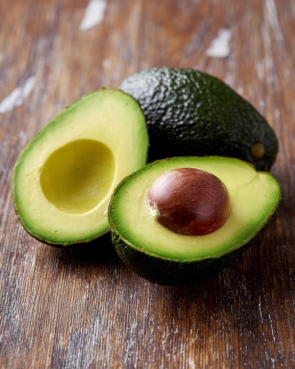 A ripe avocado is shown on a wooden surface, with one half lying flat and the other half standing up. The halves reveal the creamy, smooth light green inside, with one half holding a large brown seed and the other half showing an empty, curved cavity where the seed was. The avocado's dark green, textured outer skin contrasts with the soft inner color, and the surface underneath is a white marbled texture. photo taken with an iphone --ar 4:5 --v 7