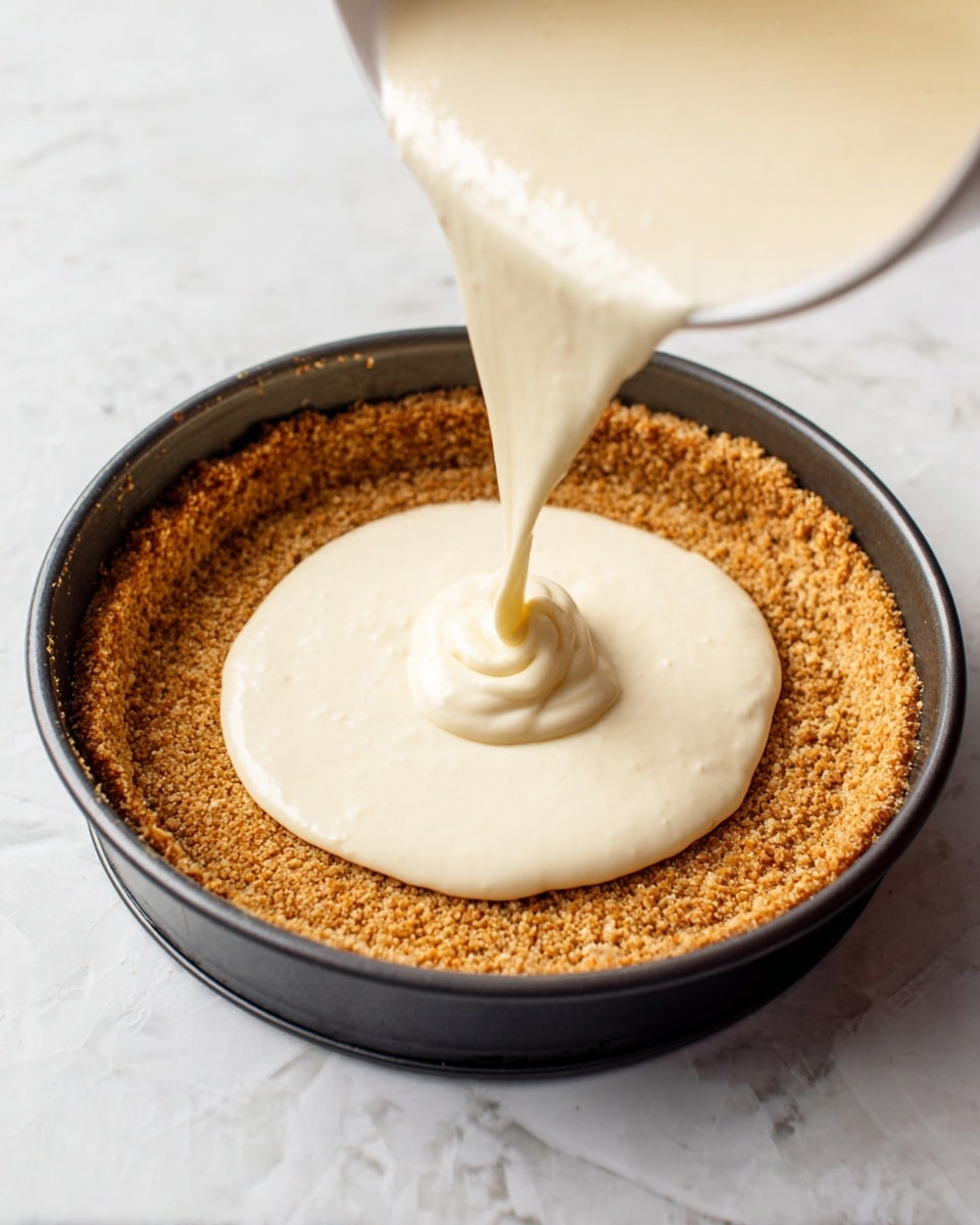 A round baking pan filled with two layers is shown. The bottom layer is a thick, rough-textured crumb crust in a golden brown color that covers the entire base of the pan. The second layer is a smooth, creamy, pale off-white batter being poured in the center of the crust from above, slowly spreading outward in a circular shape. The background is a white marbled surface. Photo taken with an iphone --ar 4:5 --v 7