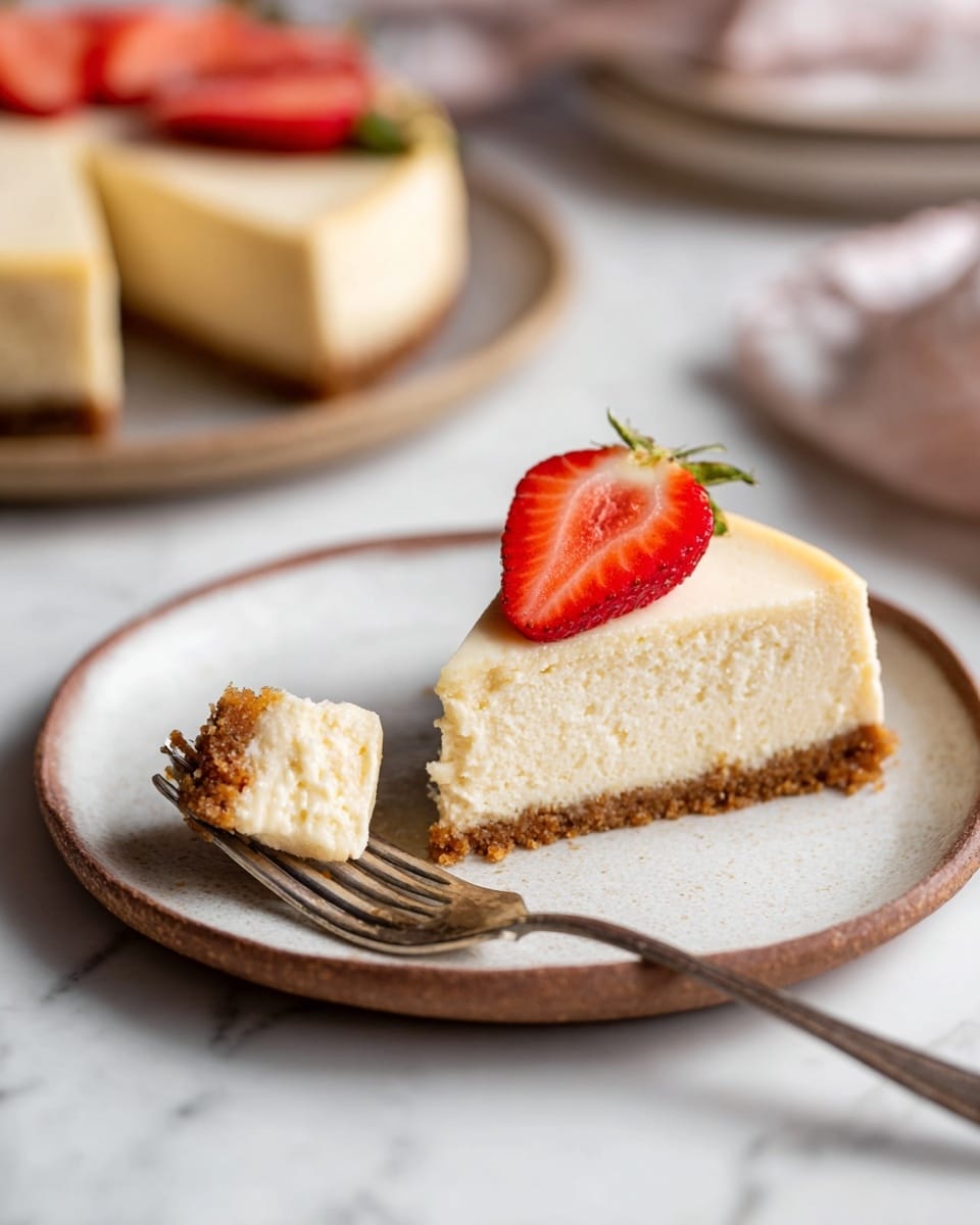 A slice of cheesecake with two layers is shown on a white plate with a brown rim, placed on a white marbled surface. The bottom layer is a brown, crumbly crust, and the top layer is a thick, creamy, off-white cheesecake. On top of the cheesecake slice is a bright red strawberry half, placed near the pointed edge. A silver fork holds a bite-sized piece of cheesecake, showing both layers, positioned on the plate next to the slice. In the background, a second slice of cheesecake with strawberry halves on top is partially visible on a similar plate. The photo taken with an iphone --ar 4:5 --v 7