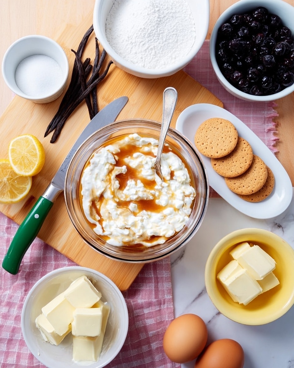 The image shows a glass bowl filled with a mixture of white creamy cottage cheese and brown syrup swirled on top, with a silver spoon standing inside. Nearby, a white plate holds a line of round light brown cookies neatly arranged next to a small white cup filled with a white powdery ingredient and a yellow bowl containing thick slices of butter with a small silver spoon. To the left, on a wooden board, there is a white bowl full of white granulated sugar, a green-handled knife resting over two dark brown vanilla bean pods, and a lemon half showing its yellow flesh. Above this, a white bowl is filled with dark purple berries. Two brown eggs lie side by side on the white marbled surface, all arranged on a pink and white checkered cloth that covers part of the white marbled table. photo taken with an iphone --ar 4:5 --v 7