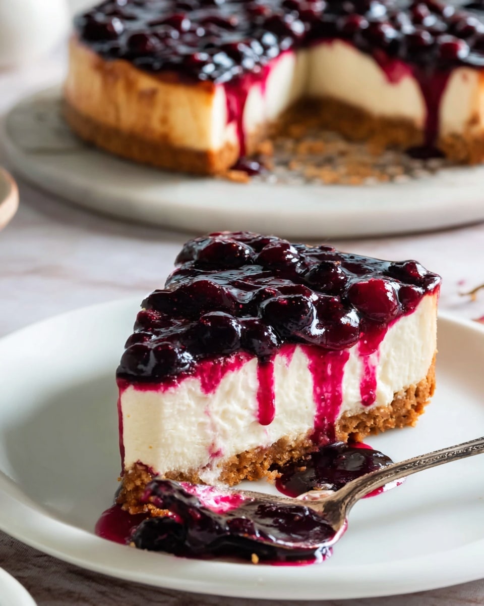 A berry cheesecake with three clear layers sits on a white marbled surface. The bottom layer is a light brown, crumbly crust. The middle layer is a smooth, creamy white cheesecake. On top, a thick, shiny, dark purple berry sauce filled with whole berries spreads evenly, some of it slightly dripping down the side. A slice has been taken out, showing all three layers clearly, and a spoon with berry sauce rests in front on the plate. In the background, a white plate holds the removed slice, with berry sauce dripping down its side. Photo taken with an iphone --ar 4:5 --v 7