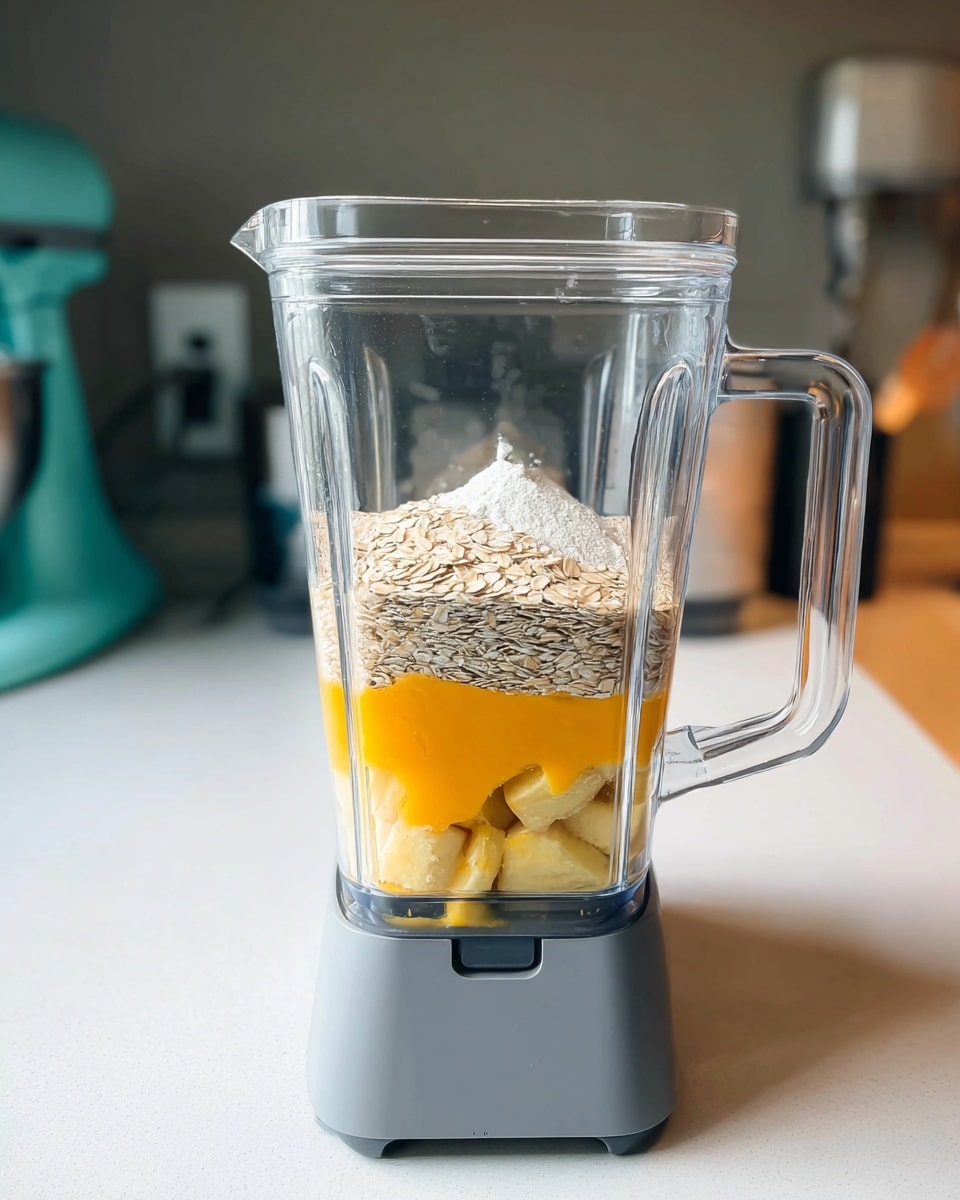 A clear blender container sits on a white marbled surface, filled with three main layers of ingredients; at the bottom, there are soft yellow chunks, likely banana; above that, a thick layer of bright orange liquid, likely mango or orange juice; and on top, a layer of pale beige rolled oats with a small sprinkle of white powder, possibly flour or protein powder. The blender base is grey with a black handle on the side. The background shows a teal kitchen mixer and other blurred appliances. Photo taken with an iphone --ar 4:5 --v 7