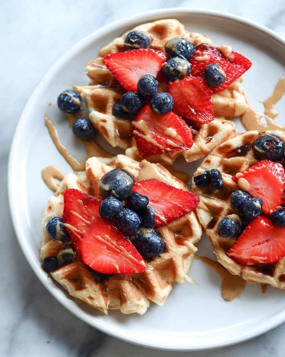 Three light brown waffles are arranged on a white plate on a white marbled surface. Each waffle is topped with a mix of fresh blueberries and sliced strawberries, which are bright red and glossy. There is a light spread of peanut butter drizzled on the waffles, adding a creamy tan color with smooth texture. The berries sit on top of the peanut butter, giving a fresh and colorful look to the dish. photo taken with an iphone --ar 4:5 --v 7
