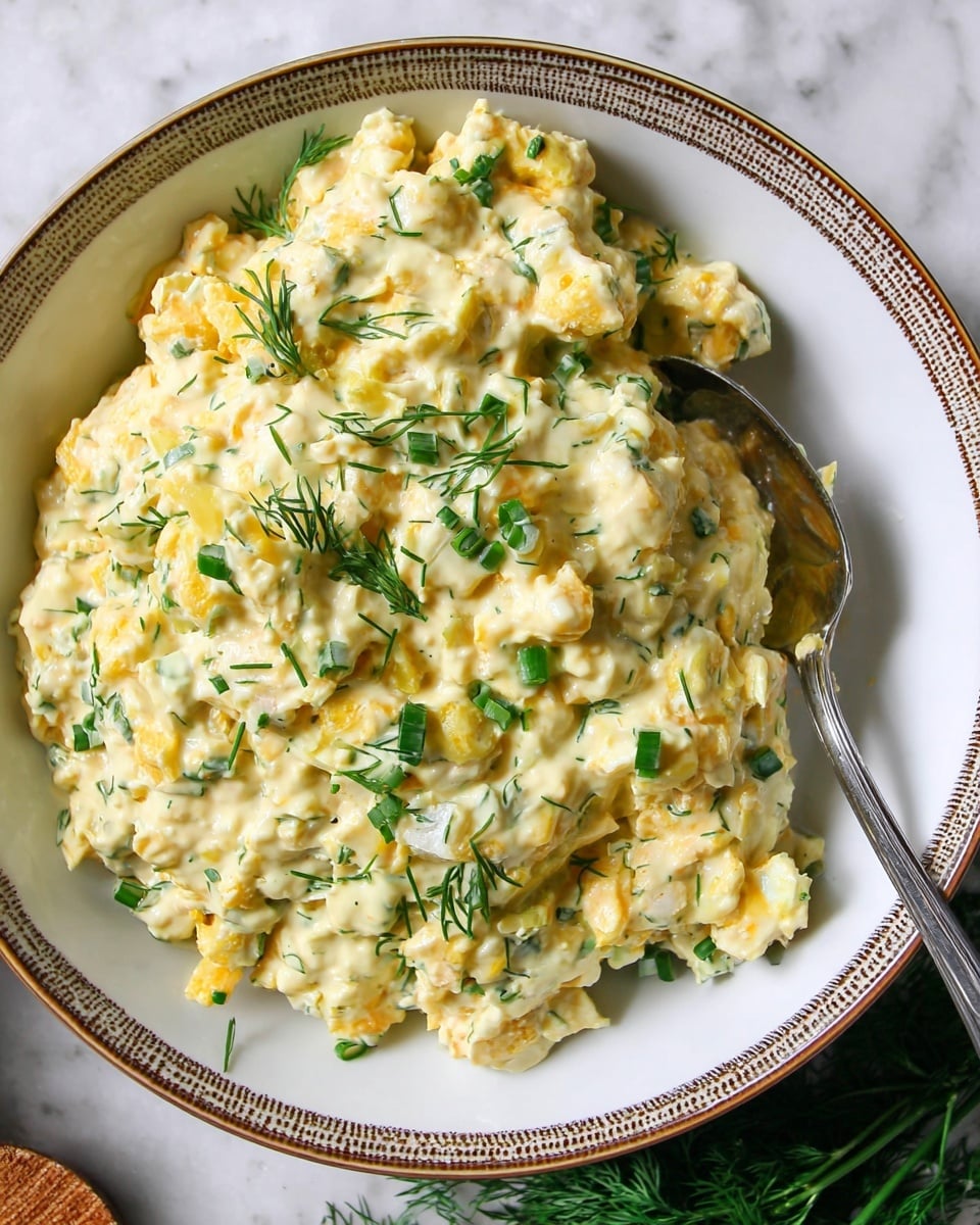 A close-up view of a creamy egg salad served in a white bowl with a brown rim pattern. The salad has a thick, chunky mixture with soft yellow and white layers from chopped eggs blended with a creamy dressing. Small green pieces of fresh herbs like chives and dill are evenly spread on top, adding texture and color contrast. A silver spoon is partially dipped into the salad on the right side, ready to scoop. The bowl sits on a white marbled surface with some green herbs peeking at the bottom right corner. Photo taken with an iphone --ar 4:5 --v 7