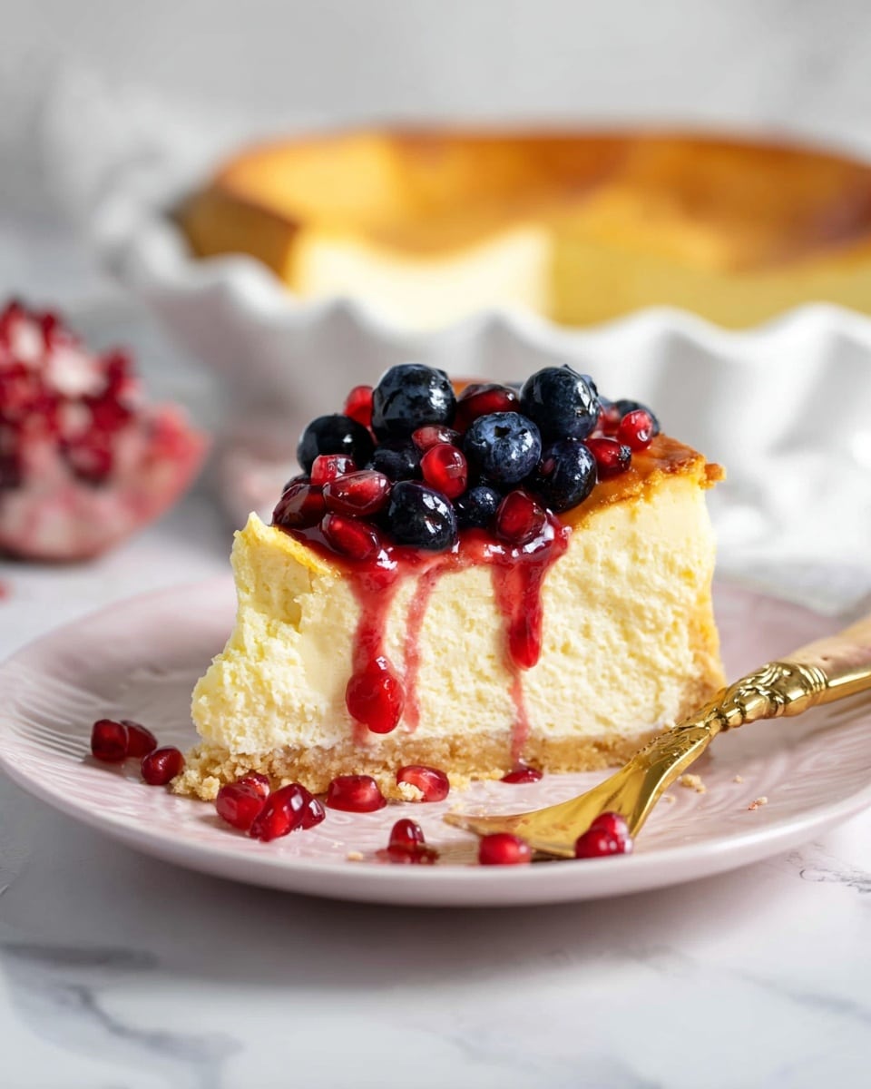 A slice of creamy yellow cheesecake with a golden-brown crust on top and around the edges sits on a white plate with a soft pink tint. The cheesecake is thick and smooth, about two layers of filling visible inside. On top, bright red sauce drips down the side, covered with fresh dark blue blueberries and shiny red pomegranate seeds scattered around and on top. A gold fork rests next to the cheesecake on the white marbled surface. In the background, a white pie dish with more cheesecake and pomegranate seeds can be seen, slightly out of focus. Photo taken with an iphone --ar 4:5 --v 7