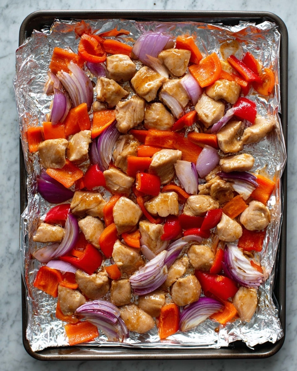 A baking tray lined with shiny silver foil holds a mix of raw chopped chicken pieces, red and orange bell pepper chunks, and onion wedges. The chicken pieces are light brown, shiny with marinade, and scattered evenly across the foil. Bright red and orange bell peppers add bold color with their smooth, slightly glossy texture, while the onion wedges are pale purple with a layered look. The ingredients are spread in a single layer, with a white marbled surface under the tray barely visible around the edges. photo taken with an iphone --ar 4:5 --v 7