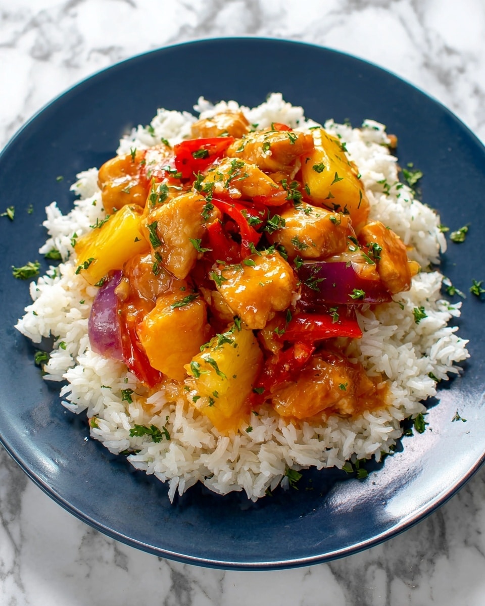 The dish shows a white plate filled with a base layer of fluffy cooked white rice. On top of the rice, there is a colorful mix of glossy cooked chicken pieces coated in a shiny orange sauce, along with chunks of bright yellow pineapple and red bell peppers, creating a vibrant mix. There are also bits of cooked red onion mixed in. The dish is garnished with small green herb leaves scattered over the top. The plate is set on a white marbled textured surface. Photo taken with an iphone --ar 4:5 --v 7