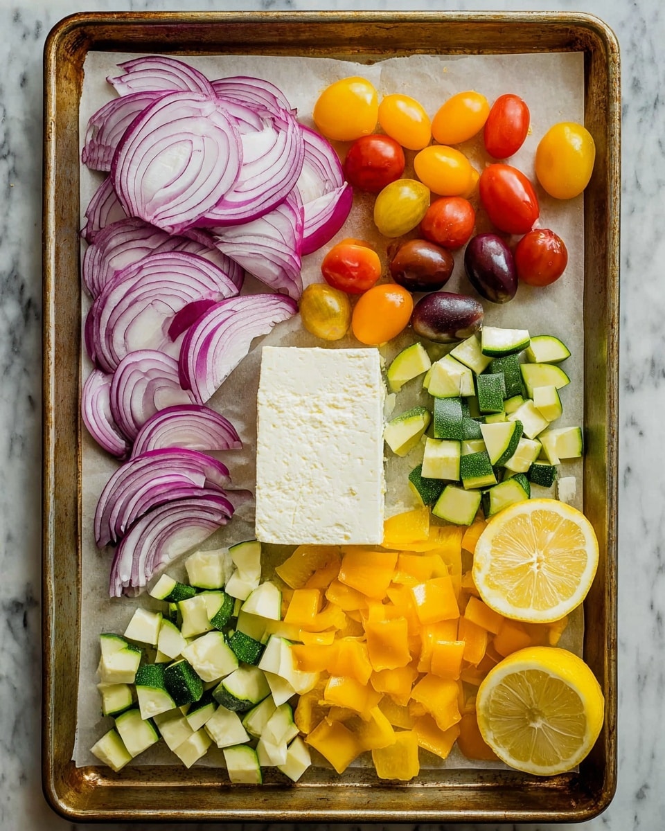 A large metal baking sheet lined with parchment paper holds six groups of colorful food items arranged neatly. On the left, a pile of sliced red onions shows white and deep purple rings. Next to them, in the center, is a thick rectangular block of white cheese. Above the cheese, small oval-shaped cherry tomatoes in red, yellow, orange, and dark purple colors sit closely together. To the right of the cheese are chopped green zucchini pieces with light green inside and darker green skin. Below the onions, yellow bell peppers are diced into small square shapes. At the bottom right corner, two halves of a bright yellow lemon rest on the sheet. The whole scene sits on a white marbled surface. Photo taken with an iphone --ar 4:5 --v 7